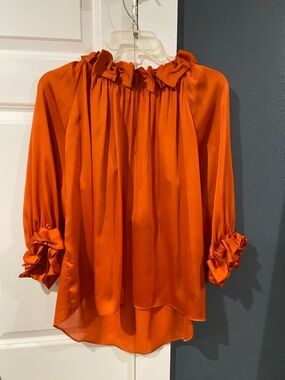 Orange Ruffle-Neck Long-Sleeve Blouse